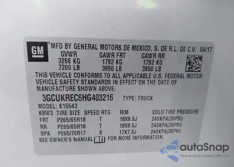 2017 Chevrolet Silverado 1500 2Lt z USA, uszkodzony, nr VIN 3GCUKREC6HG403216